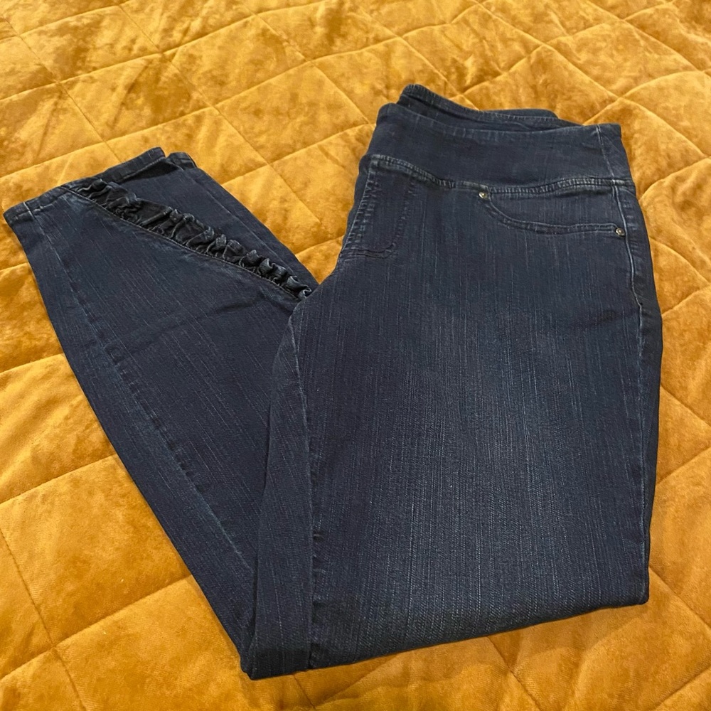 Cute pull on jeans with ruffle detail on the leg!!